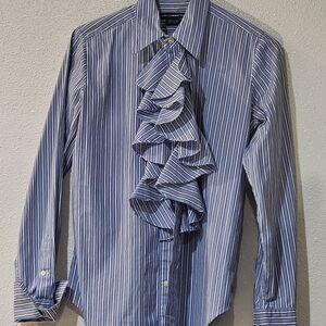 Ralph Lauren Blue Striped Dress Shirt with Ruffle